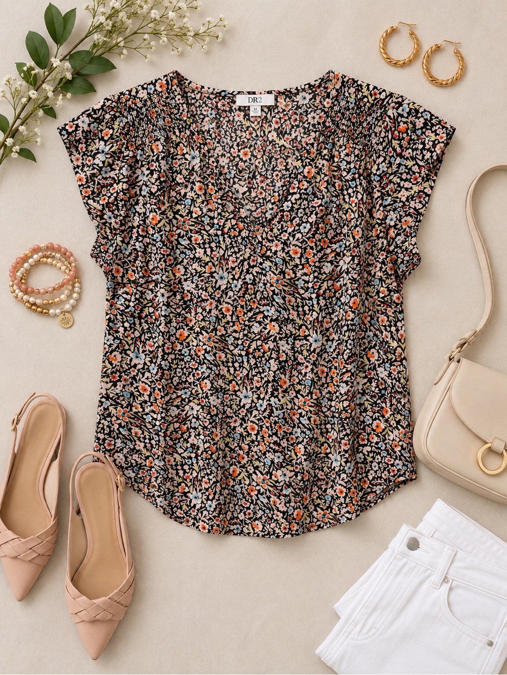 DR2 Black Multicolor Floral Print Blouse Size Medium